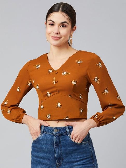 marie claire light brown floral print crop top