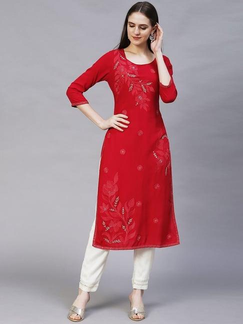 fashor pink embroidered straight kurta