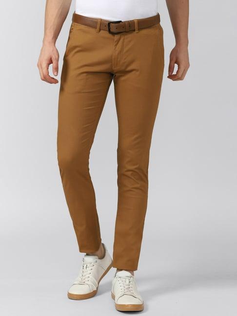 peter england casuals brown cotton skinny fit trousers