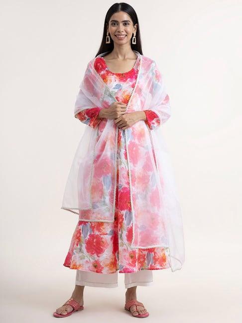 pink fort pink & white floral print kurta with palazzo & dupatta