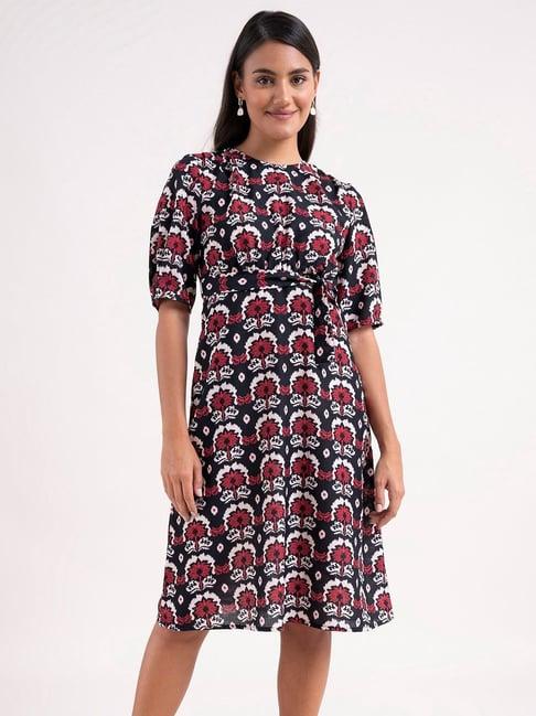 fablestreet black & red printed wrap dress