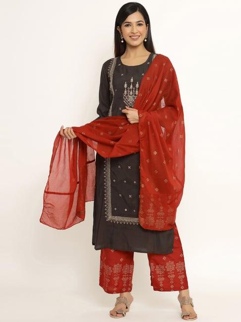 divyank brown & red printed kurta palazzo set with dupatta