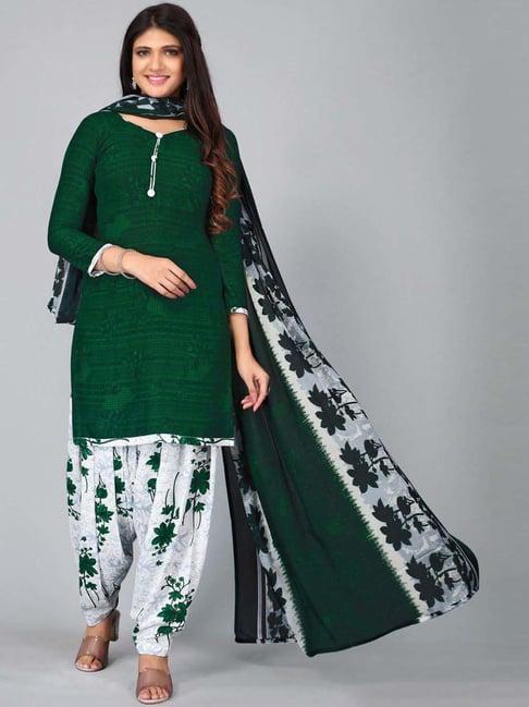 satrani bottle green printed unstitched crepe dress material