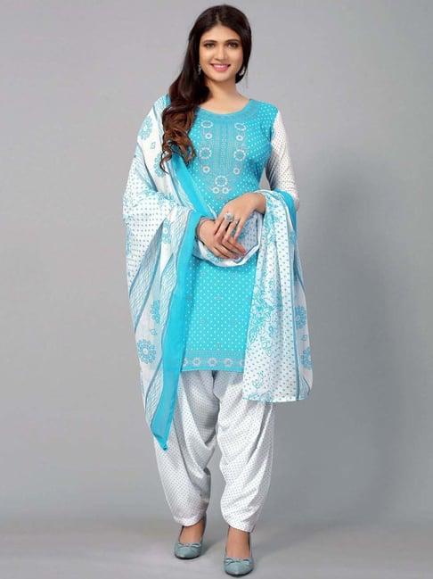 satrani turquoise & white printed unstitched dress material