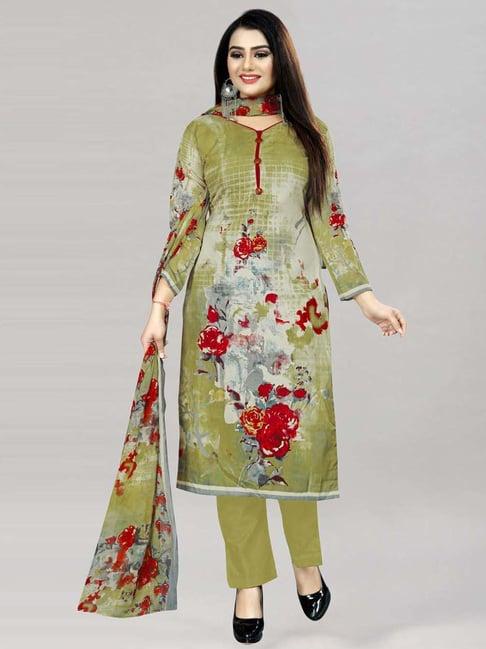 satrani olive green printed unstitched dress material