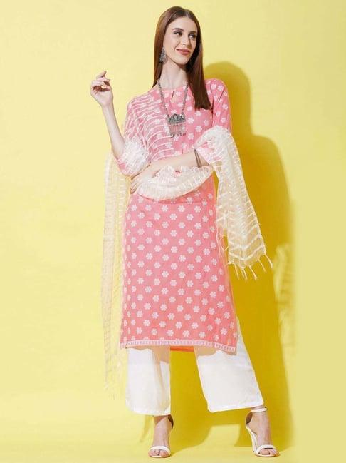 satrani peach pink cotton printed kurta palazzo set with dupatta