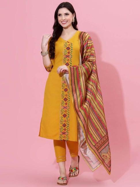 satrani mustard embroidered kurta pant set with dupatta