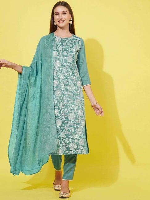 satrani blue printed kurta pant set with dupatta