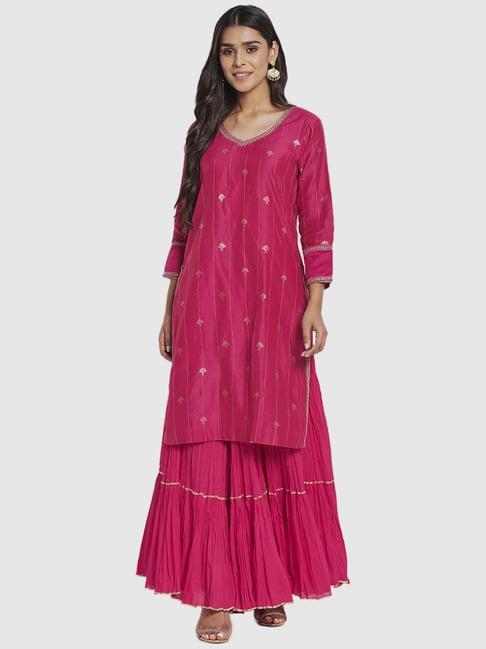 fabindia pink embroidered kurta skirt set