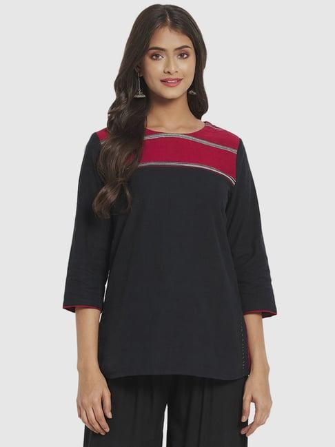 fabindia black cotton striped straight short kurti