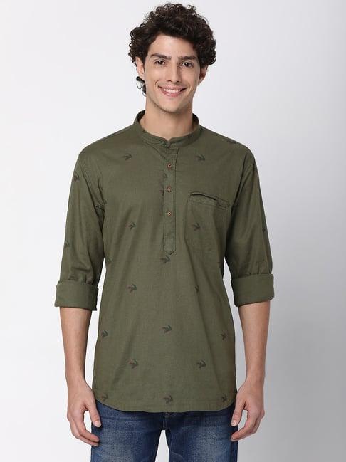 spykar green printed mandarin collar short kurta