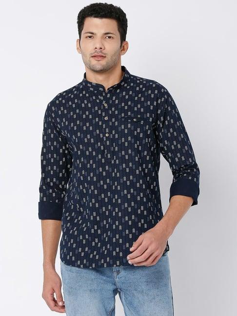 spykar navy printed mandarin collar short kurta