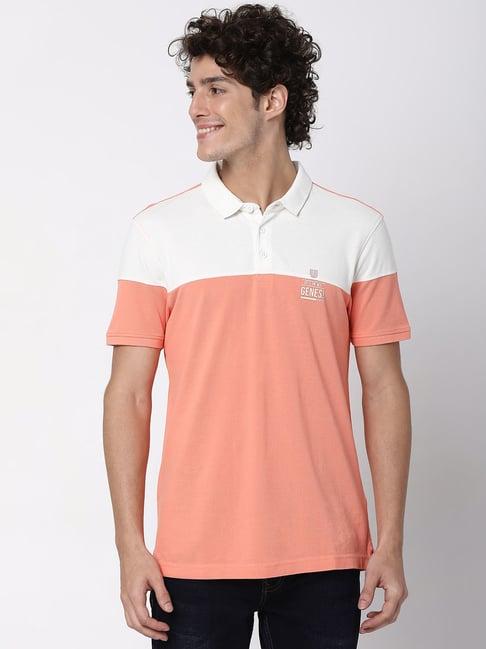 underjeans by spykar peach & white regular fit polo t-shirt