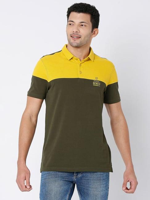 underjeans by spykar dark green & yellow regular fit polo t-shirt