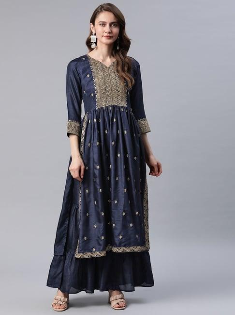 cottinfab navy embellished silk blend kurta with sharara