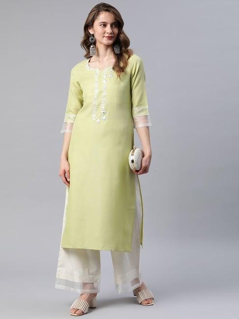 cottinfab green embroidered cotton kurta with palazzos