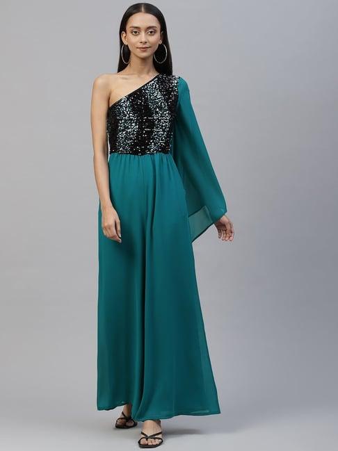 cottinfab georgette turquoise embellished jumpsuit