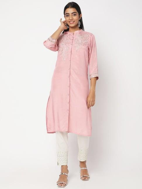 ethnicity pink & white embroidered kurta pant set