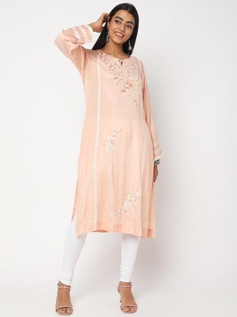 nylangan peach embroidered straight kurta