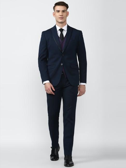 peter england elite navy slim fit self pattern three piece suits