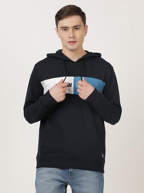 lee navy full sleeves hooded sweatshirt