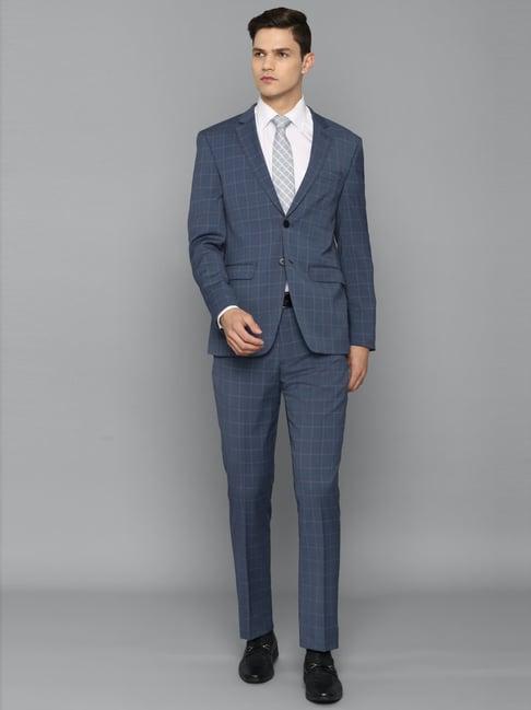 louis philippe permapress blue slim fit checks three piece suit