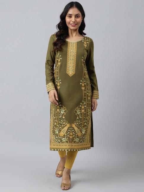 aurelia green floral print straight kurta