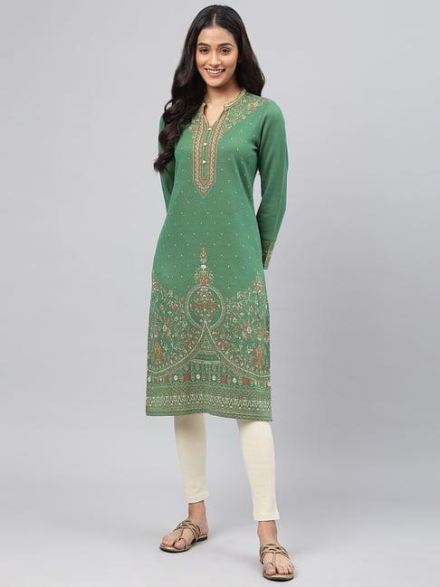 aurelia green floral print straight kurta