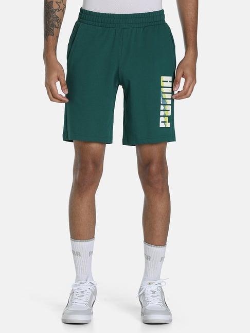 puma varsity green cotton slim fit printed shorts