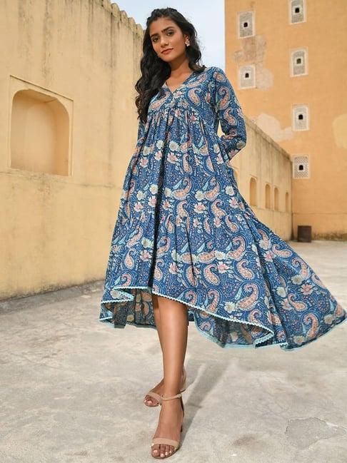 janasya teal blue cotton floral print high-low dress