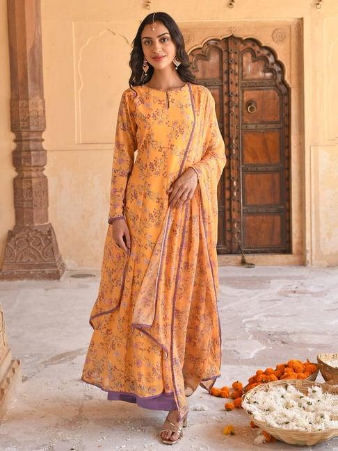 janasya yellow & purple floral print kurta palazzo set with dupatta