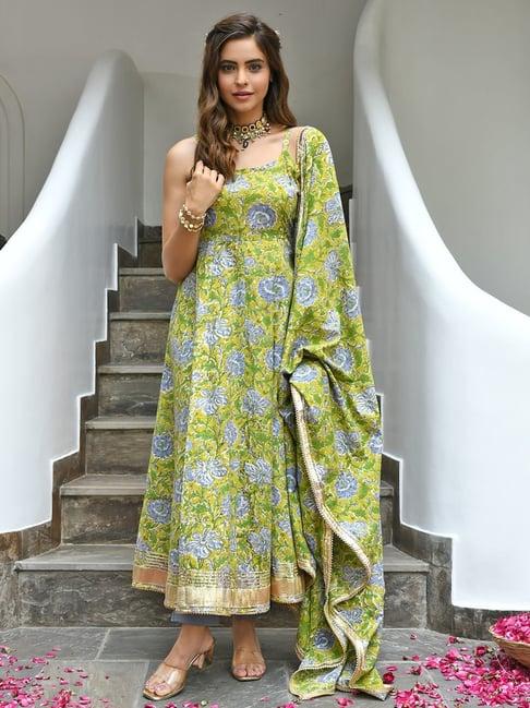 janasya green & grey cotton printed kurta pants set with dupatta