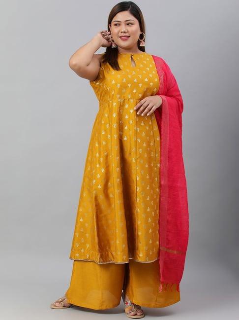 xl love by janasya mustard printed kurta palazzo set with dupatta