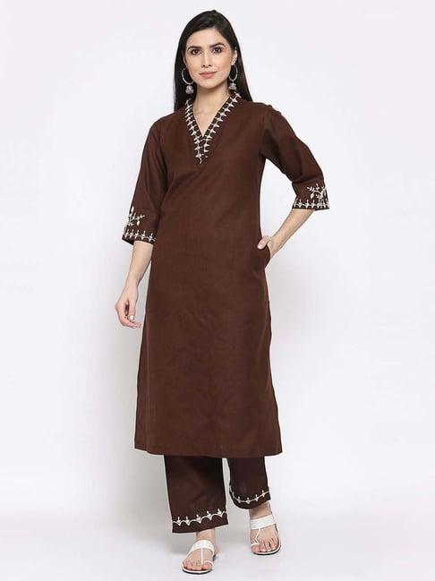 dart studio brown cotton embroidered kurta palazzo set