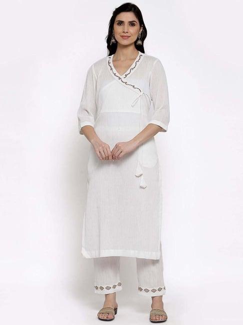 dart studio white cotton embellished kurta pant set