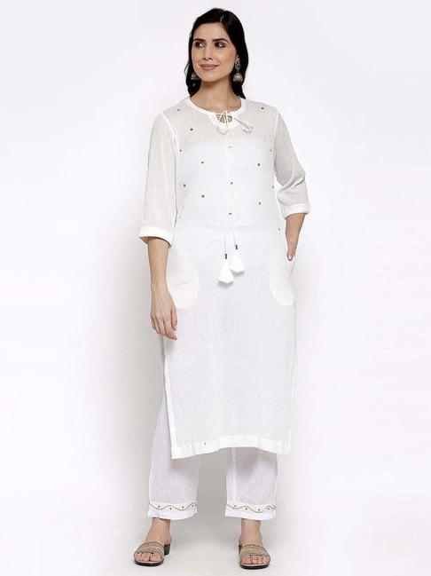 dart studio white cotton embellished kurta pant set