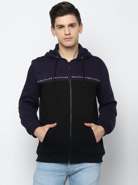 allen solly navy & violet regular fit colour block hooded sweatshirt