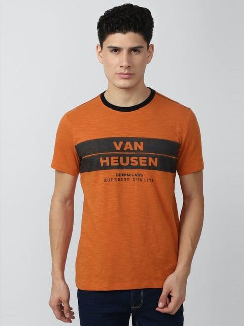 van heusen denim labs orange cotton regular fit printed t-shirt