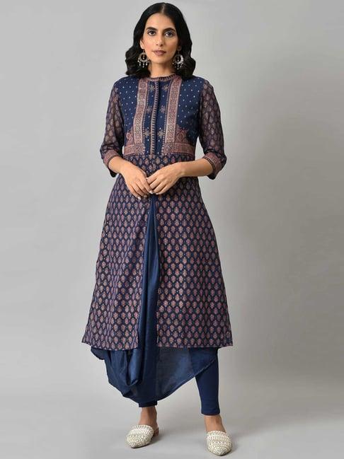 w women blue festive geometric print georgette a-line cowl hemline kurta with tight