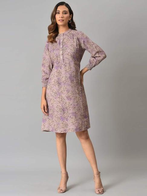 w lilac cotton floral print a-line dress