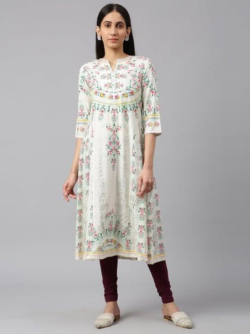 wishful by w off-white floral print straight kurta