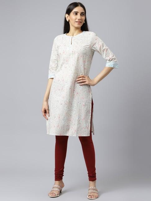 w off-white cotton floral print straight kurta