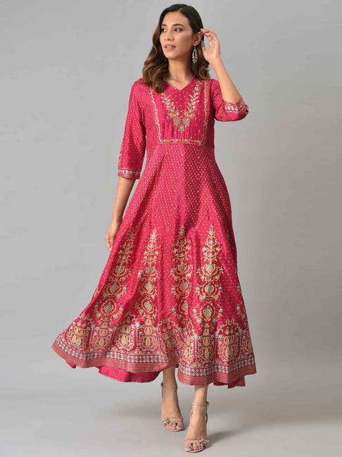 w pink floral print a line kurta