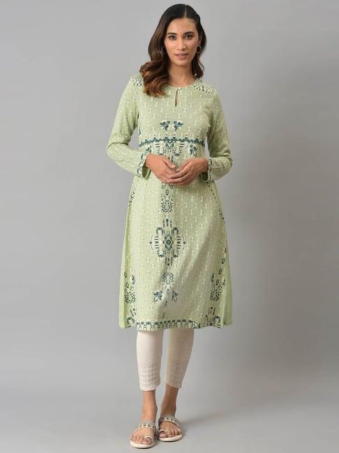 w green floral print a line winter kurta