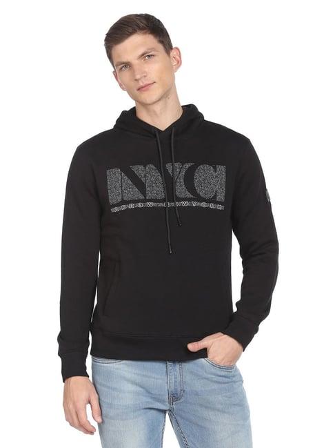 arrow new york black cotton regular fit hooded sweatshirt