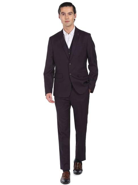 arrow purple regular fit checks three piece suit