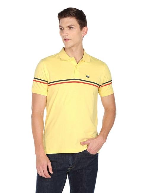 arrow sport yellow cotton regular fit striped polo t-shirt