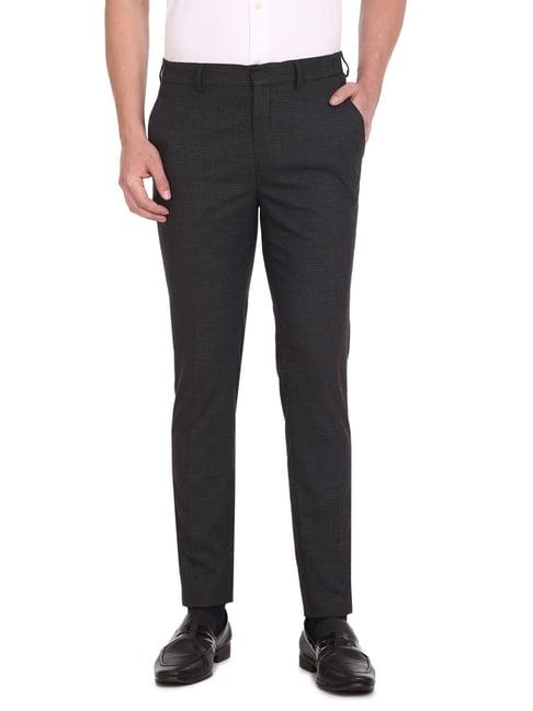 arrow new york charcoal slim fit self pattern trousers