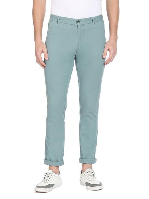 arrow sport sea green cotton regular fit trousers