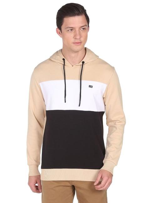 arrow sport beige cotton regular fit printed hooded sweatshirt